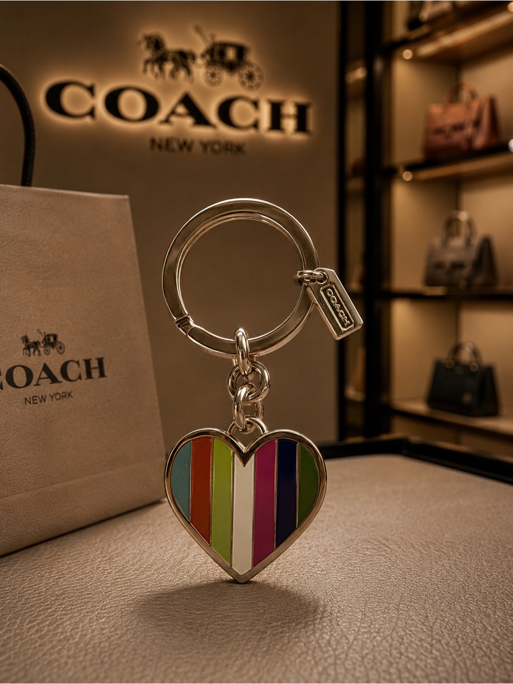 Coach Rainbow Legacy Enamel Heart Keychain Fob